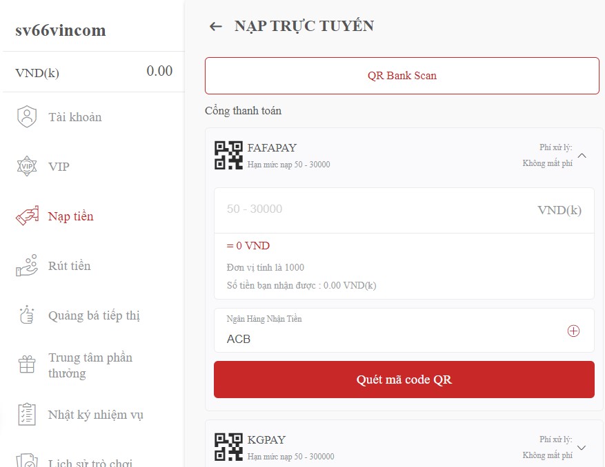 Cách thức nạp tiền trực tuyến tại SV66 